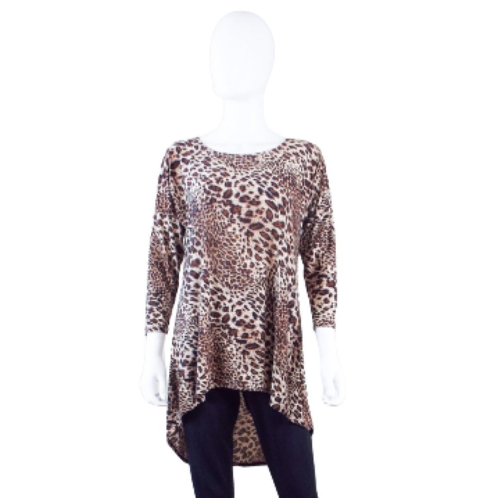 THANTH BROWN TAN ANIMAL PRINT HI LOW 3/4 SLEEVE TUNIC - MEDIUM